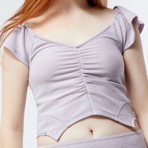 Circus NY Lavender Frost Glitter Ruched Puff Sleeve Crop Top Size L NWT
